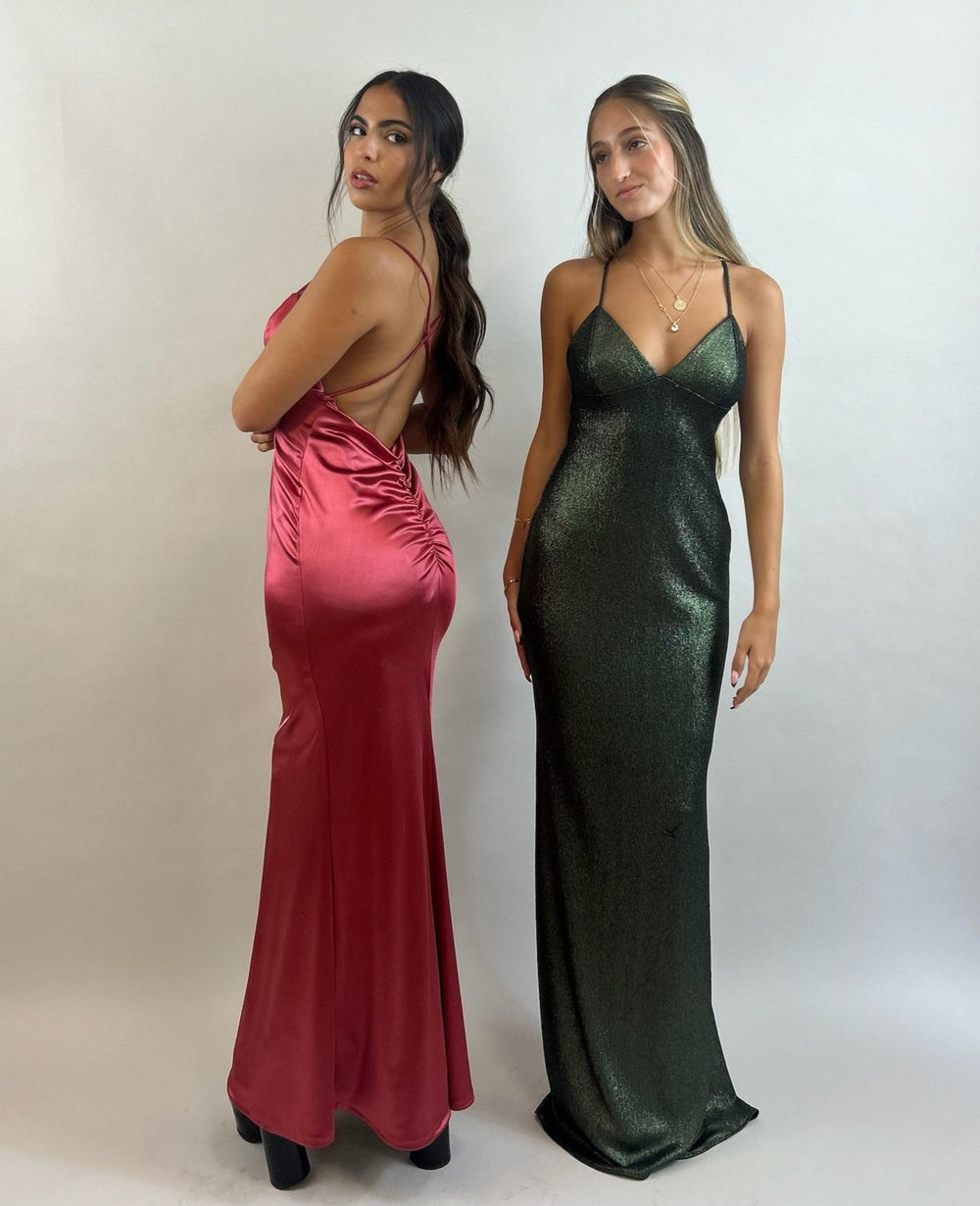Yuli - Red V-Neck Satin Evening Dress  Evening dress - StudioSharonGuy
