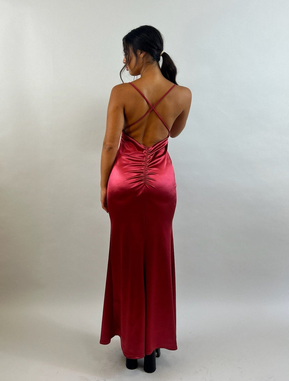 Yuli - Red V-Neck Satin Evening Dress  Evening dress - StudioSharonGuy