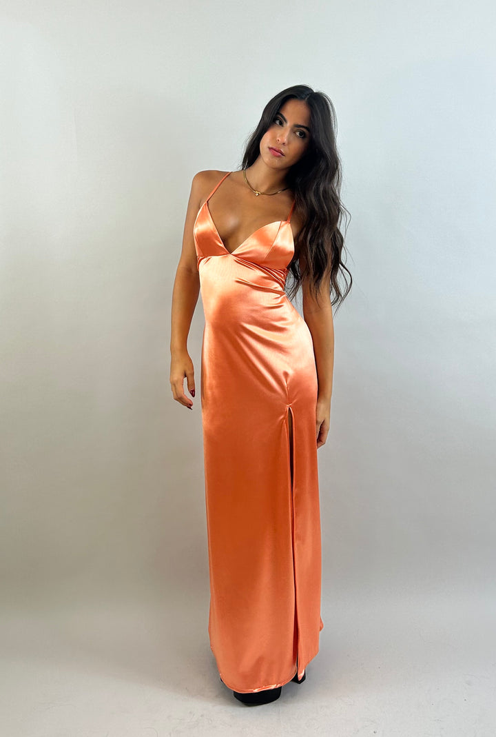 Jessy - Orange V-Neck Satin Evening Dress  Evening dress - StudioSharonGuy