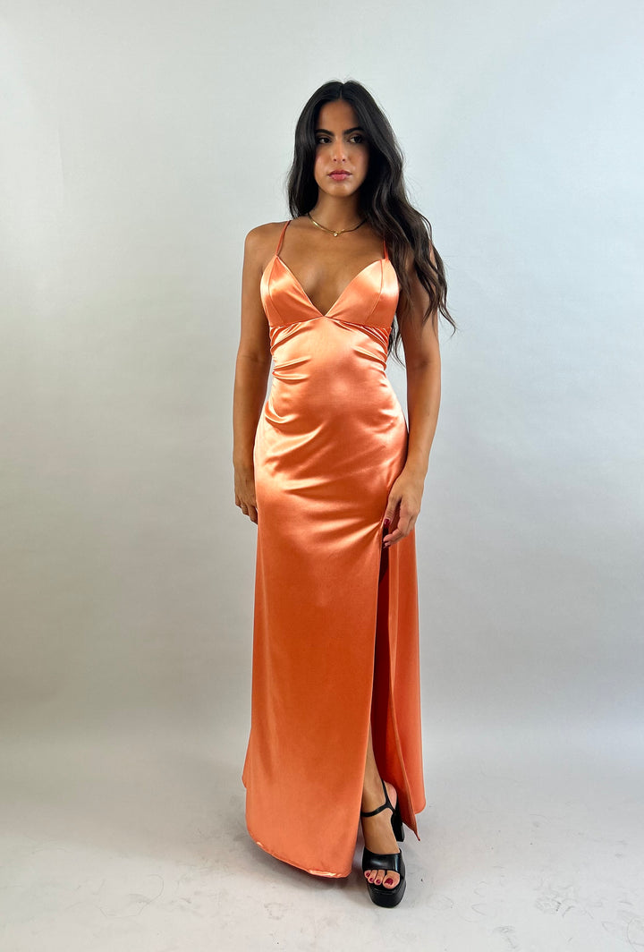 Jessy - Orange V-Neck Satin Evening Dress  Evening dress - StudioSharonGuy