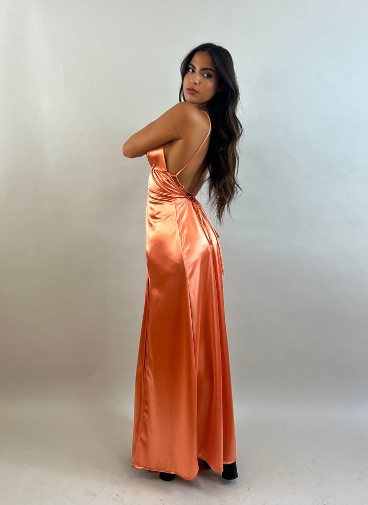 Jessy - Orange V-Neck Satin Evening Dress  Evening dress - StudioSharonGuy