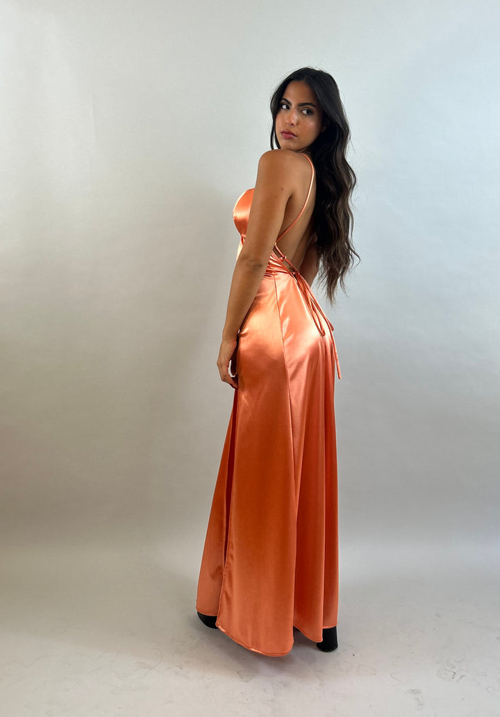 Jessy - Orange V-Neck Satin Evening Dress  Evening dress - StudioSharonGuy
