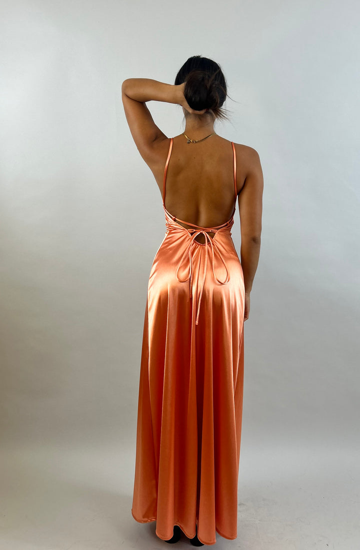 Jessy - Orange V-Neck Satin Evening Dress  Evening dress - StudioSharonGuy