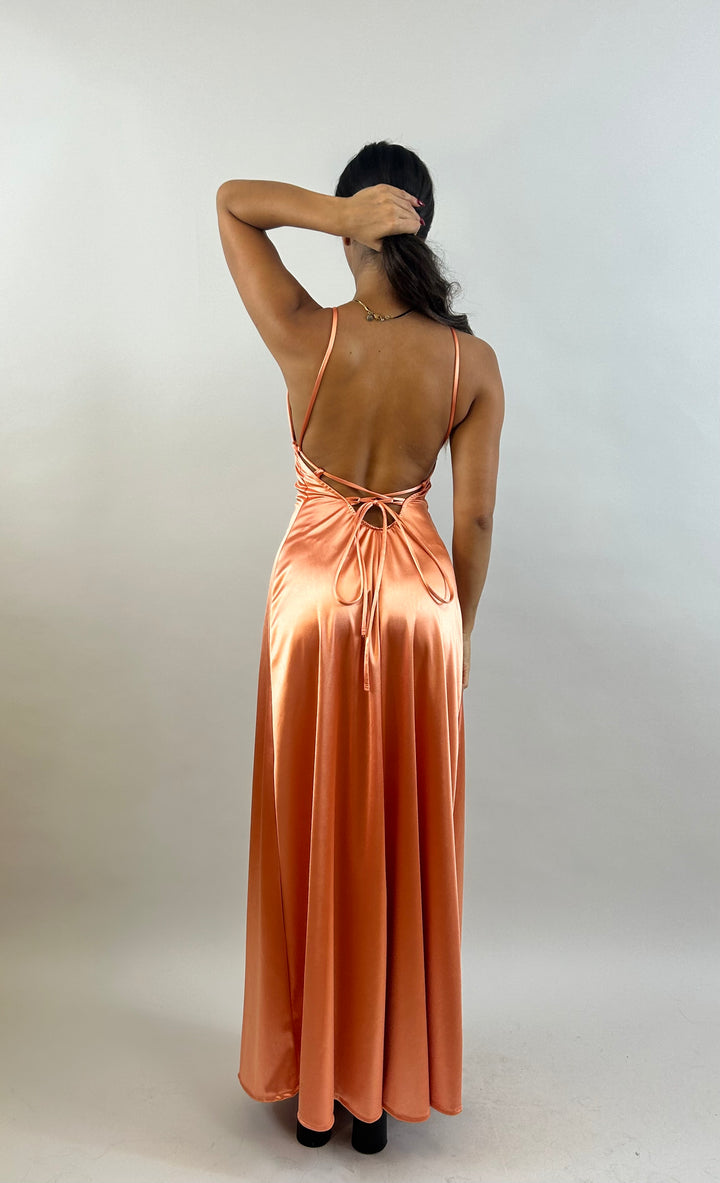Jessy - Orange V-Neck Satin Evening Dress  Evening dress - StudioSharonGuy