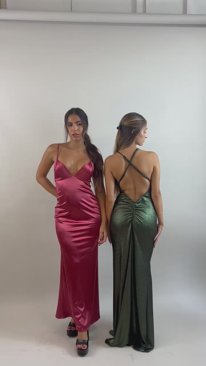 Yuli - Red V-Neck Satin Evening Dress Evening dress - StudioSharonGuy